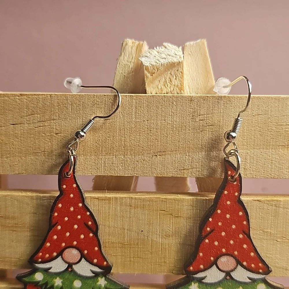 Wooden Festive Gnome Christmas Tree Earrings - Picture 3 of 3